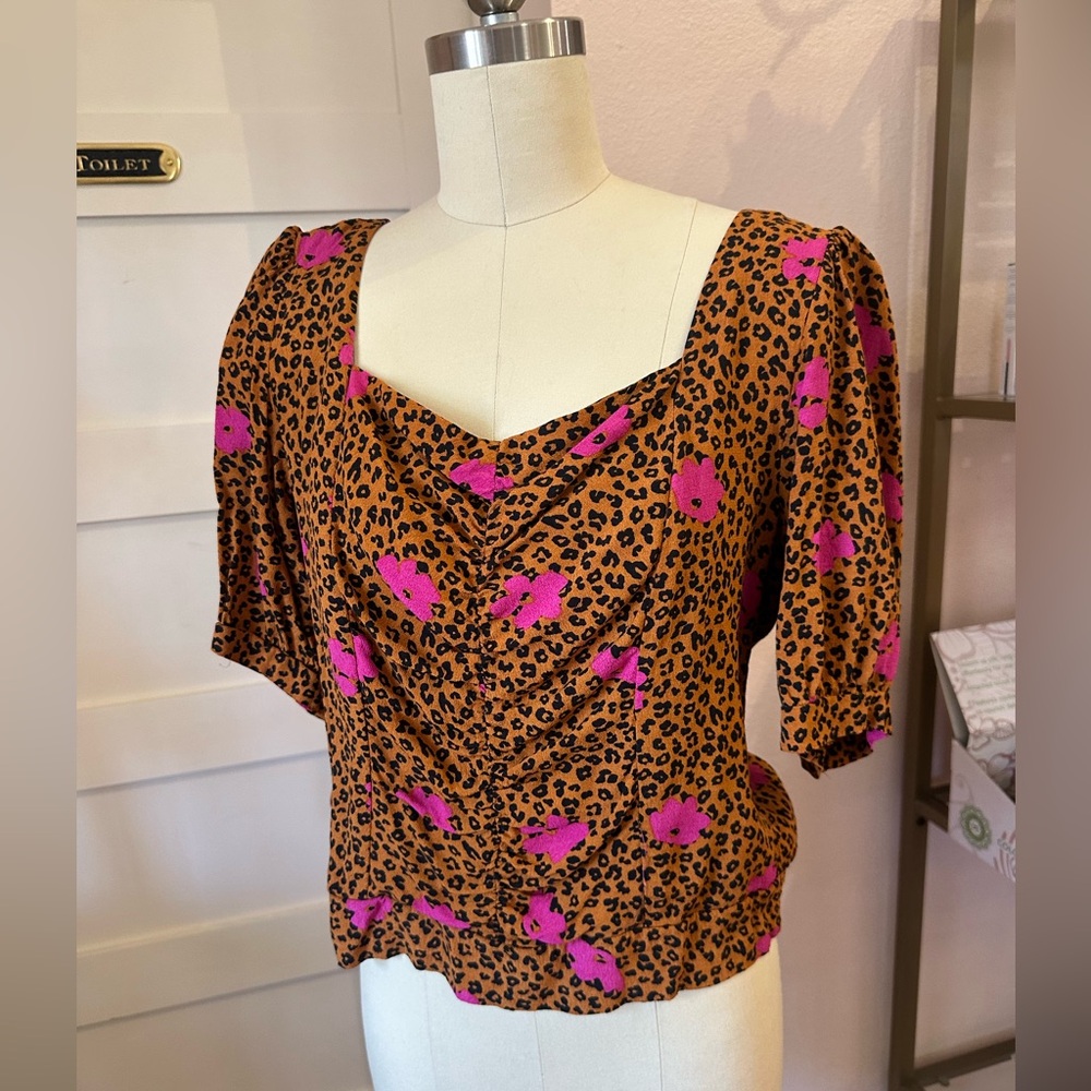 Elodie leopard and pink flower rayon top XL
